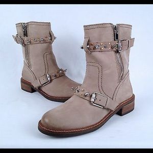 Sam Edelman Adele Tan Leather Studded Strap Moto Biker Boots